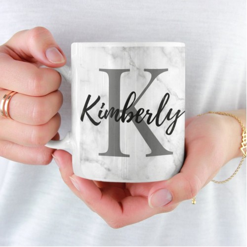 Personalized Name and Initial Mugs - Women and Men - White Ceramic Coffee Cup 11lz & 15lz - Full Wrapped Mugs - Marble Pattern - 6 Colors