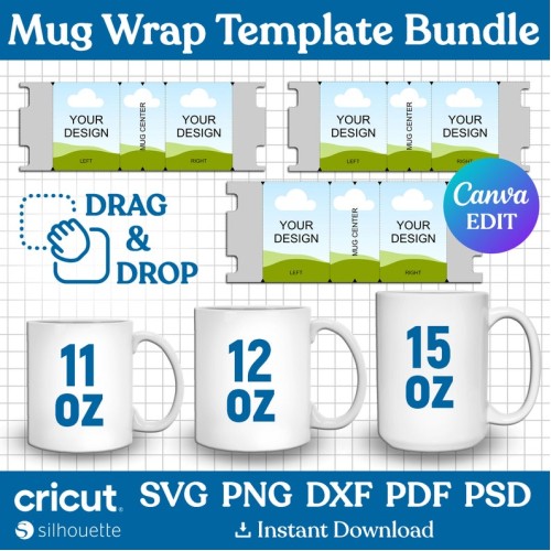 11lz, 12lz, 15lz Mug Template Set, Mug Full Wrap Template, Thermal Transfer Mug Template, Mug Press, Mug Template Svg, dxf, png, Canva Editable